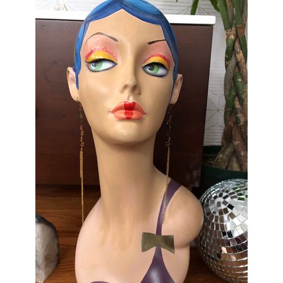 Artisan Handmade Extra long shoulder duster gold stone stars chain earrings 7” - Picture 8 of 11